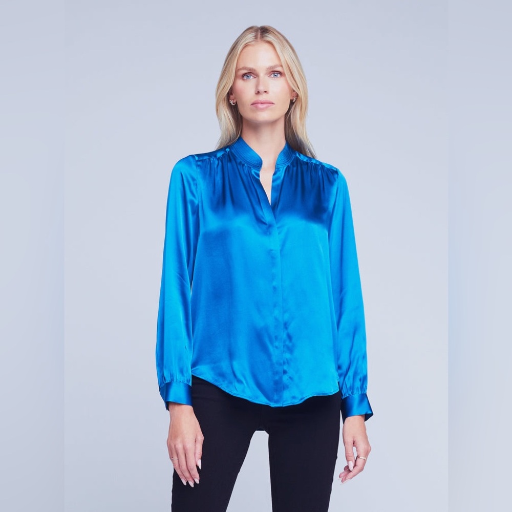 L'AGENCE Blue Satin Blouse